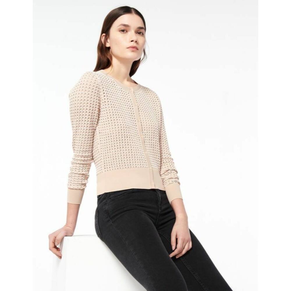 Sandro Womens Andrey Cardigan Sweater Stretchy Knit Beige Size EU 3 US Large